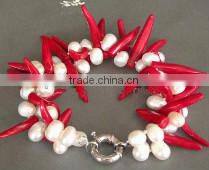 wholesale 2 rows 7" pearls & 9-10mm red capsicum shape natural coral stone bracelet