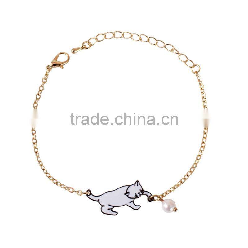 enamel cat catching the ball bracelet metal cat pearl bead charm gold chain bracelet