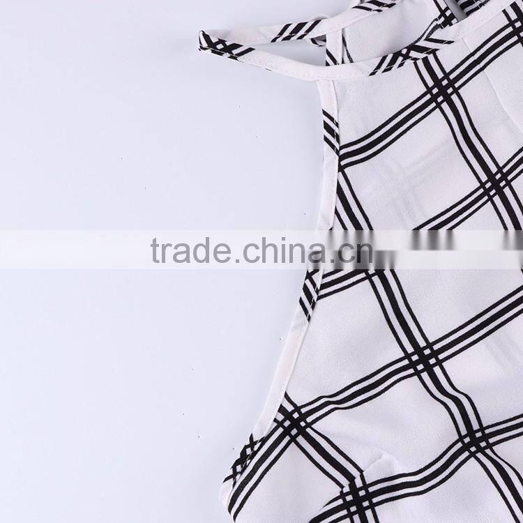 HAODUOYI Women White Plaid Print Lace Up Romper