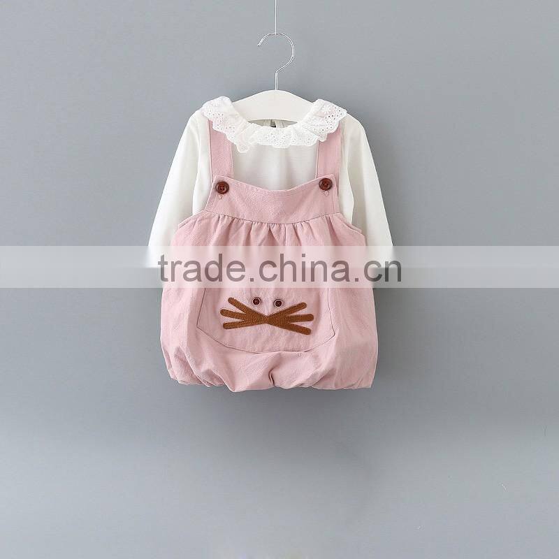 Long sleeves pink suspender skirt Baby girl frock fancy smocking Handmade baby dress 1set Childrens boutique clothing baby dress