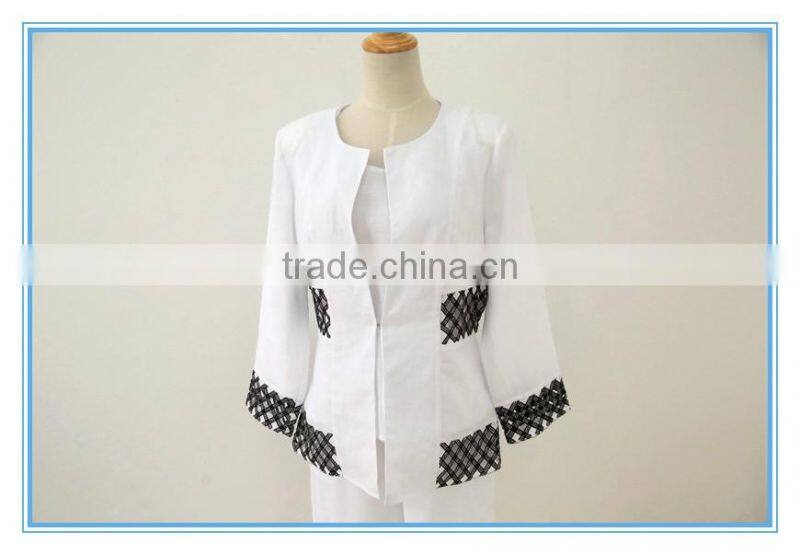 Wholesale Linen Suits 3 Pieces Pants Suits Woman Church Suits With Embroidery Cutwork Design