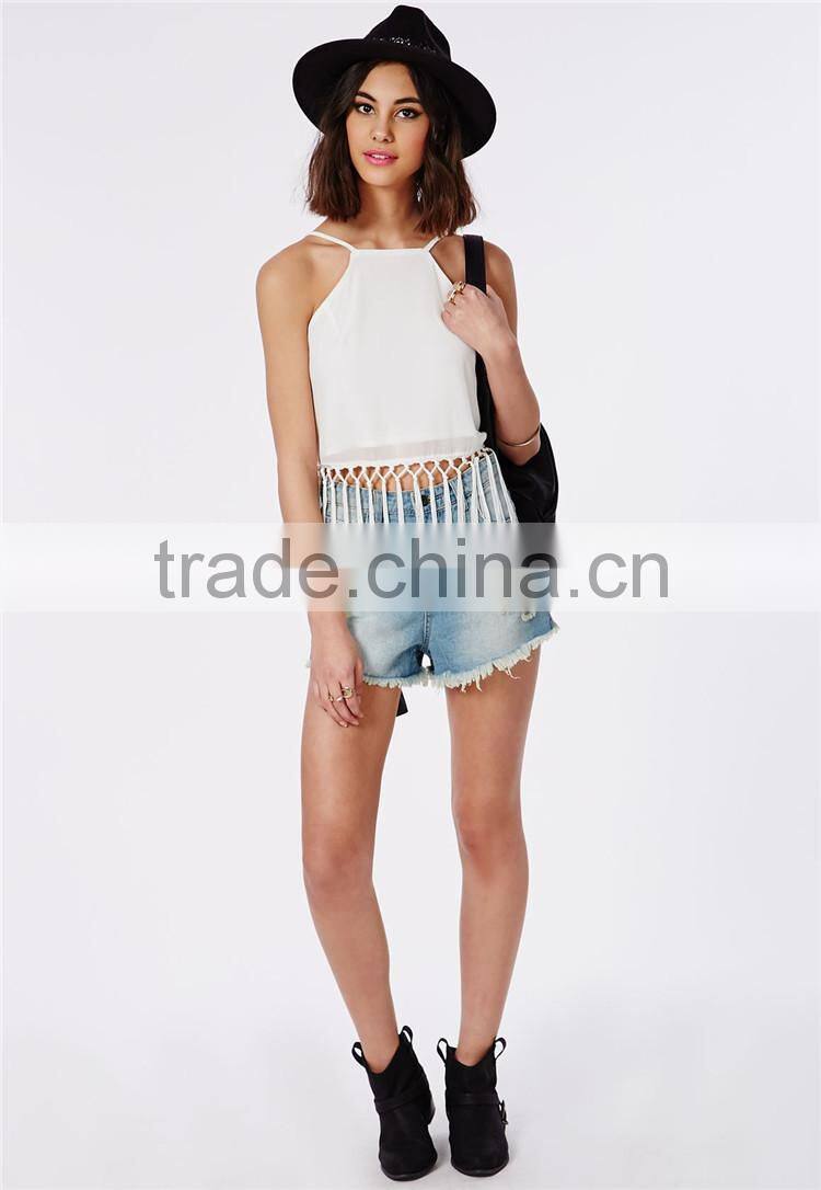Fringed plain white spaghetti strap cami crop top plain wholesale cheap