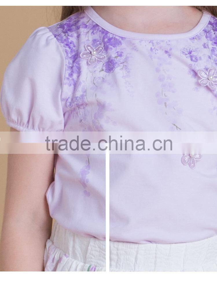 Summer Girls Cotton T Shirt Lavender Color With Embroidery Flowers