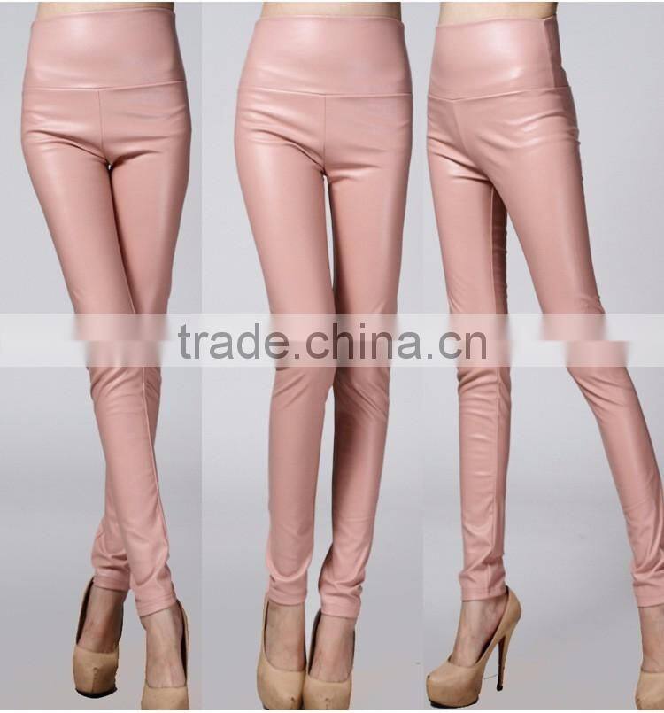 wholesale plain womens tight pants/sexy faux leather high waist leggings stretch PU pants laides skinny trousers