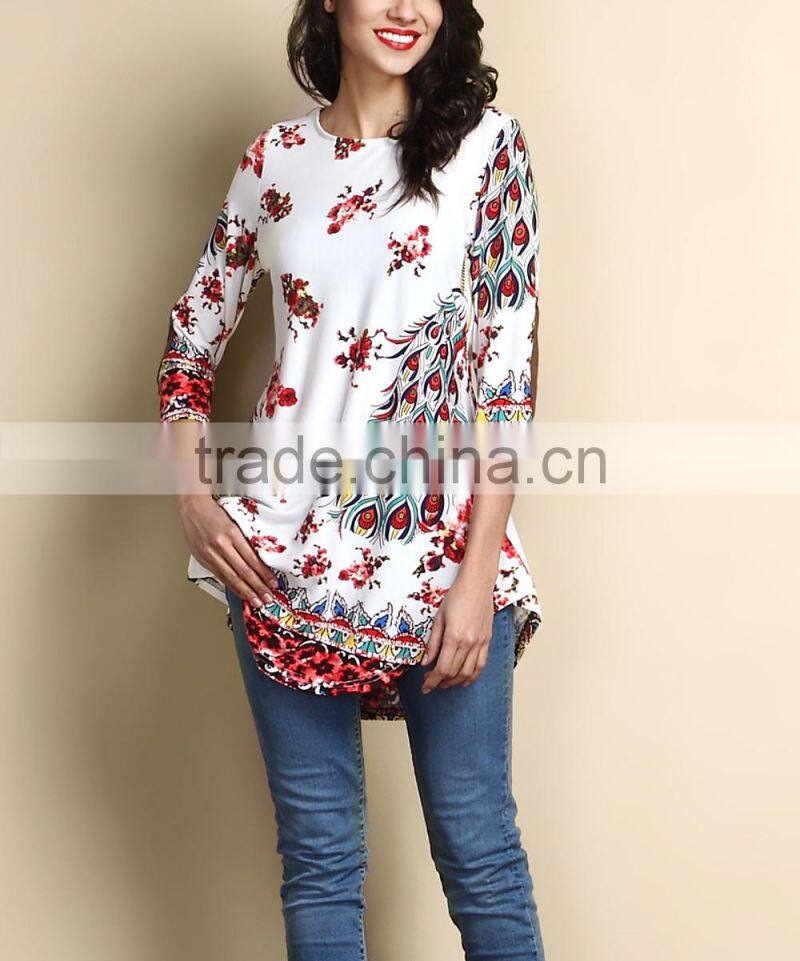 New Arrivals Women Tops With White And Red Peacock Split Hem Tunic Women Blouse Women Clothing GD90426-25