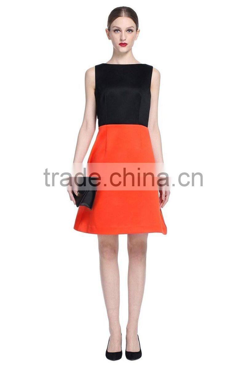 2016 popular style black and orange contrast color sleeveless skinny dress