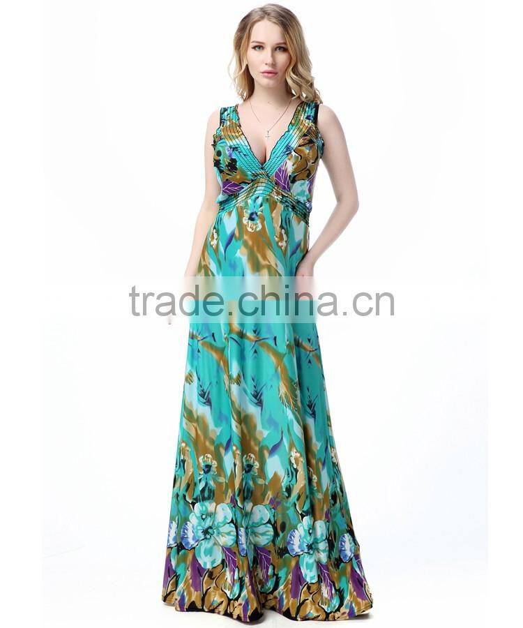 Plus size ladies long beach dress newest fashion sleeveless flowery jumpsuit dress for wholesale