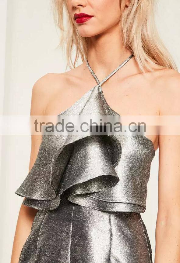 Guangzhou Supplier Fashion silver double layer halter romper women summer sexy playsuit for wholesale