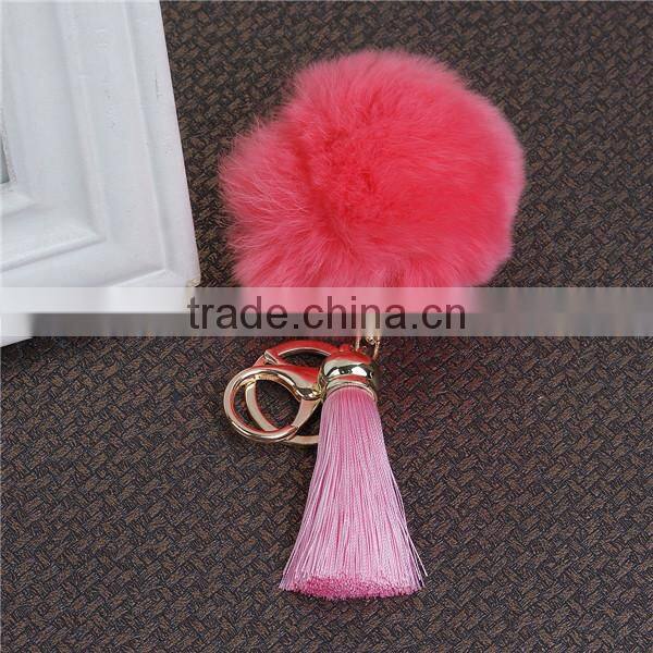 Gold Plated Watermelon Red Angora Pom Pom Ball Pink Rayon Tassel Promotional Keychain