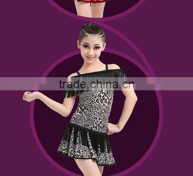 Girls Sexy Leopard Latin Dance Skirt Suits Children Kids Performance Latin Fringe Dress