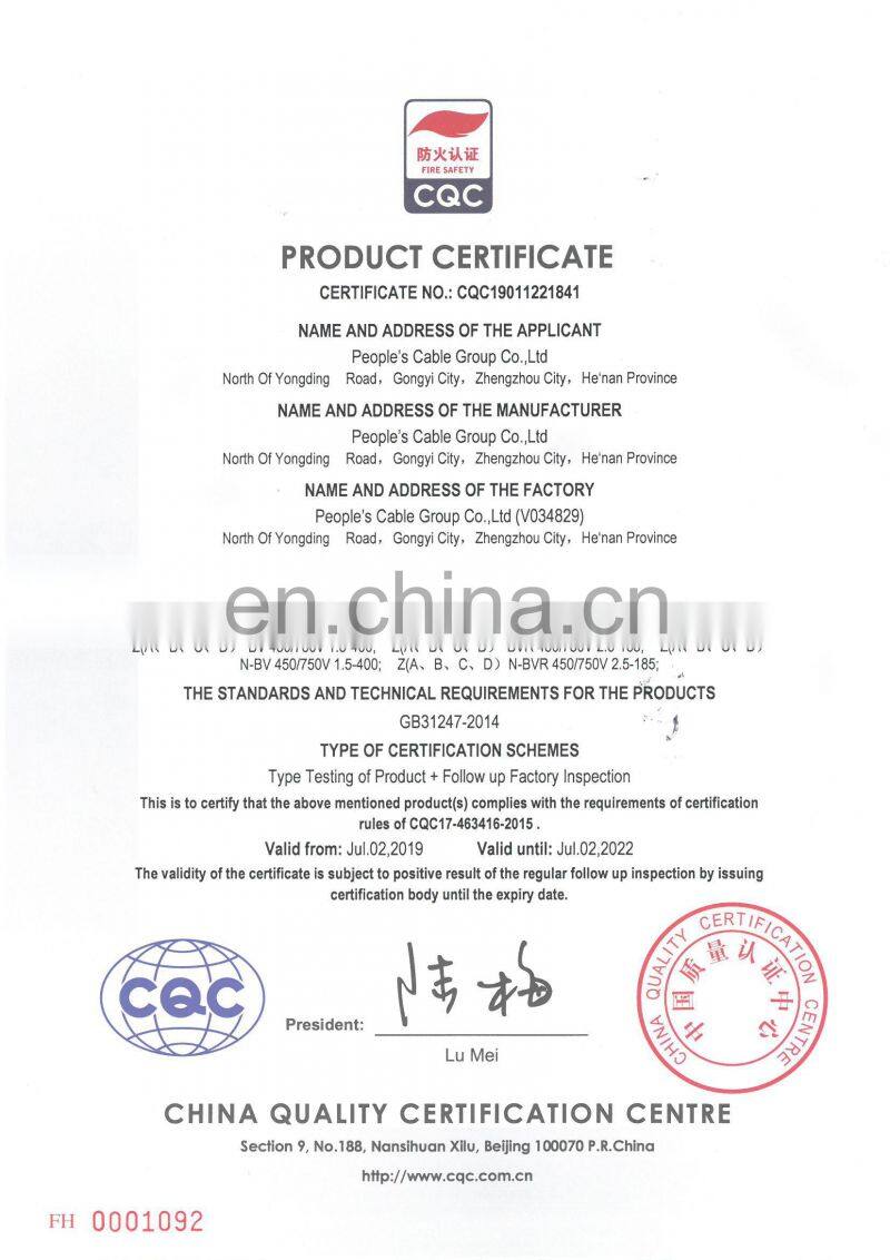 High quality BV 6mm2 solid copper conductor electric wire cable