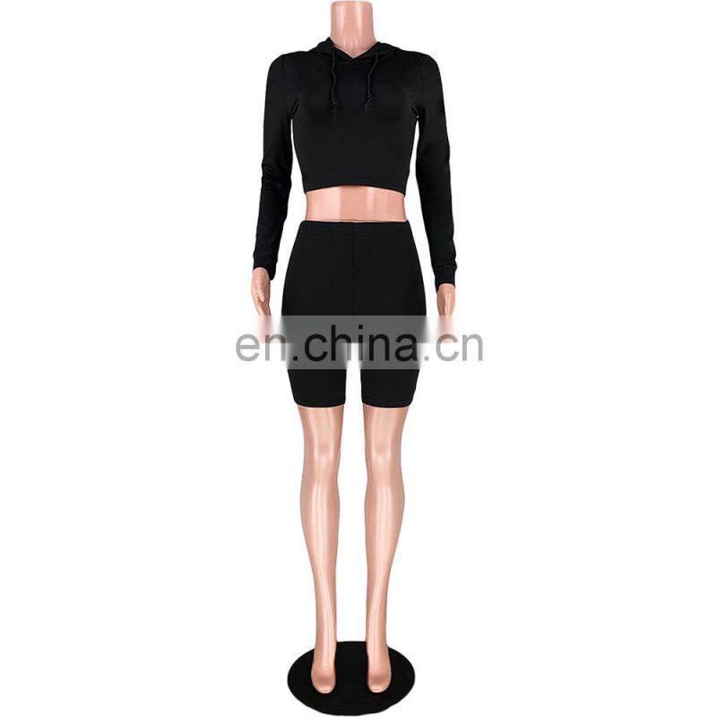 Manufacturer wholesale women's casual sexy hooded shorts sports fitness 2-piece suit custom hoodie crop top