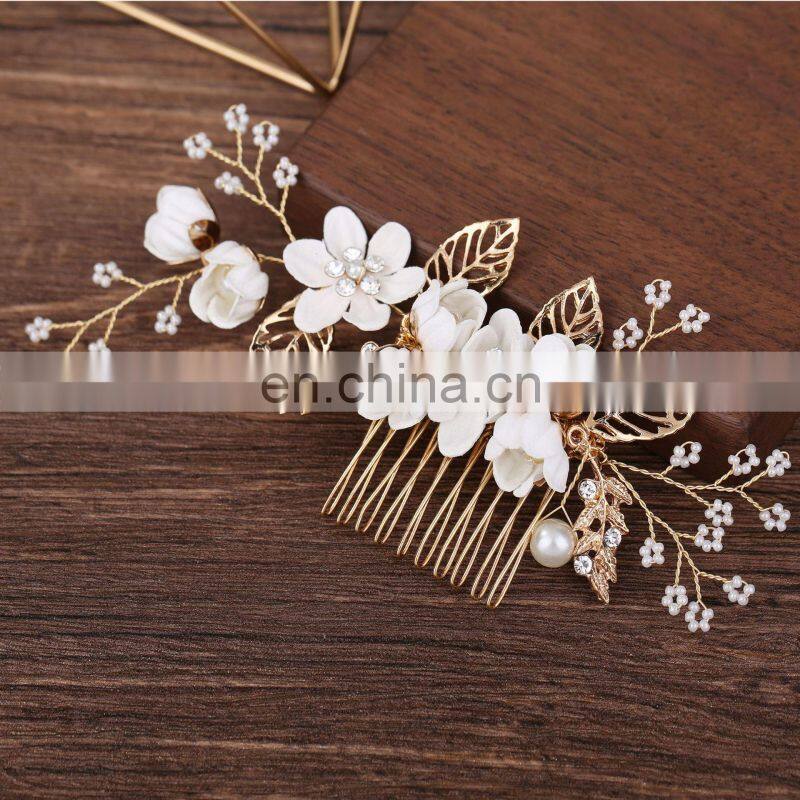 Luxury Blue Flower Hair Combs Headdress Prom Bridal Wedding Hair Accessories Gold Leaves Hair Jewelry