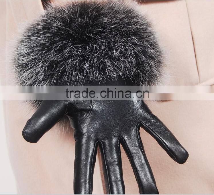 Female red fake leather gloves with customized fake fur winter gloves