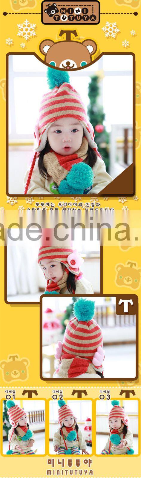 Fashion Korean Baby Kids Boys Girls Stripe Knitted Earflap Winter Hat Scarf Set