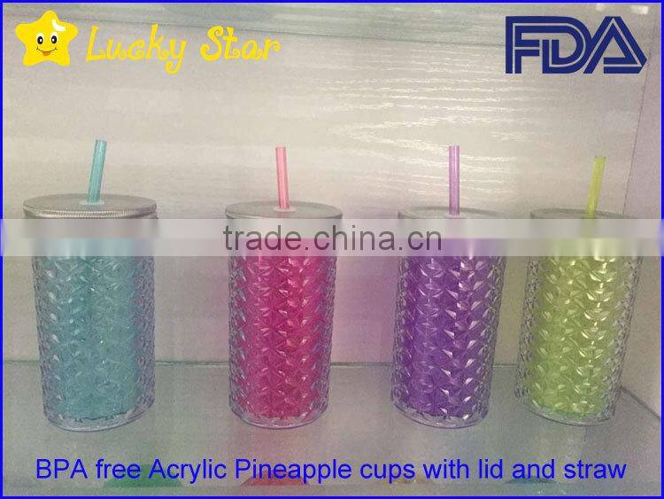 16oz BPA free AS Pineapple tumbler cups with straw metal or plastic lids FDA standard