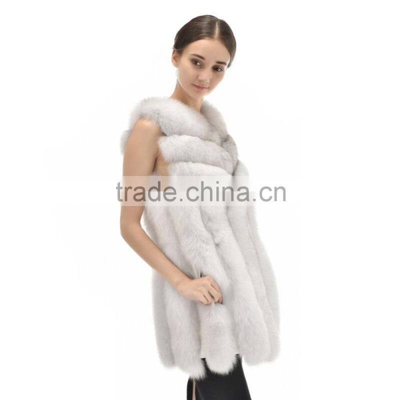 New Arrival Long Style 2015 Luxurious Whole Hide Big Bar Real White Fox Fur Vest With Trimming