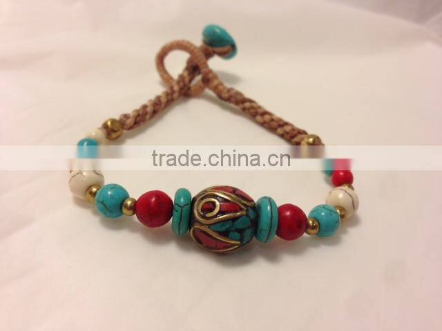 Thailand handmade bracelet bangle with turquoise and brass beads