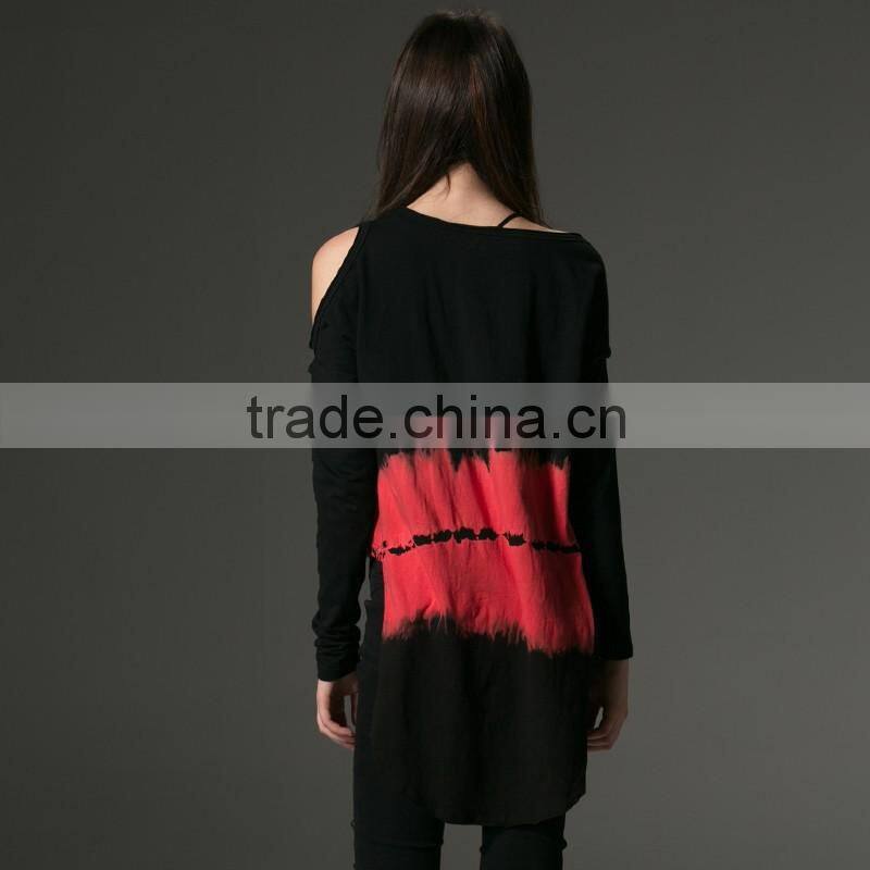 PT-042 black and red color V-neck one shoulder high-low hemline T-shirt