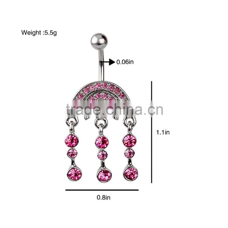 Multi Pink Gems Paved Arch Top Charms Round Dangle Belly Button Naval Ring.