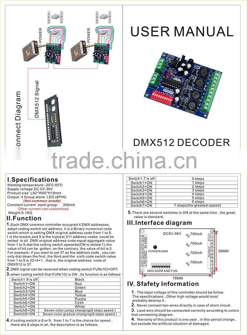 350mA/700mA RGBW LED 4 channels constant current DMX512 decoder, constant current dmx decoder