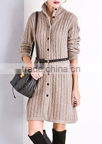 Alibaba express wholesale lady polo neck long sleeve long cardigan coat all-over cable knitted sweater with big button