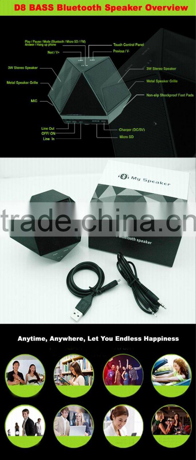 Model D8 New gadgets super bass sound 6w rechargeable stereo wireless bluetooth speaker