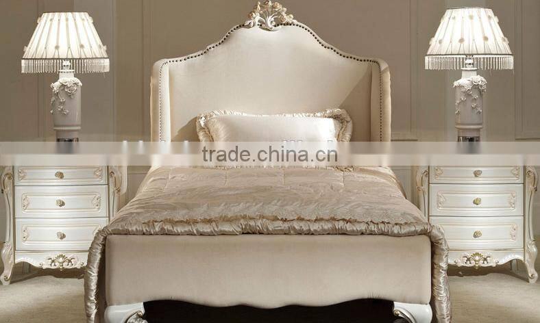 French style concise design solid wood flower carving fabric single bed