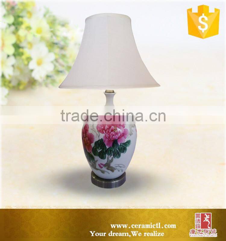 Chinese ceramic lamp flower painted table lamp with fabric shade