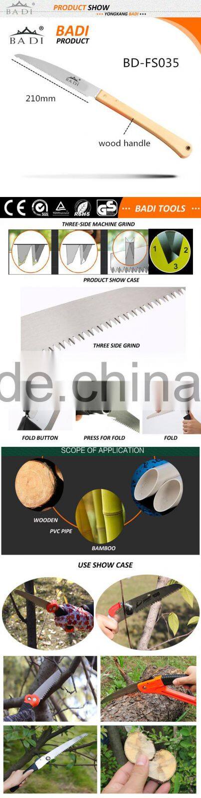 comfortable wooden handle 3 side grind folding pruning saw