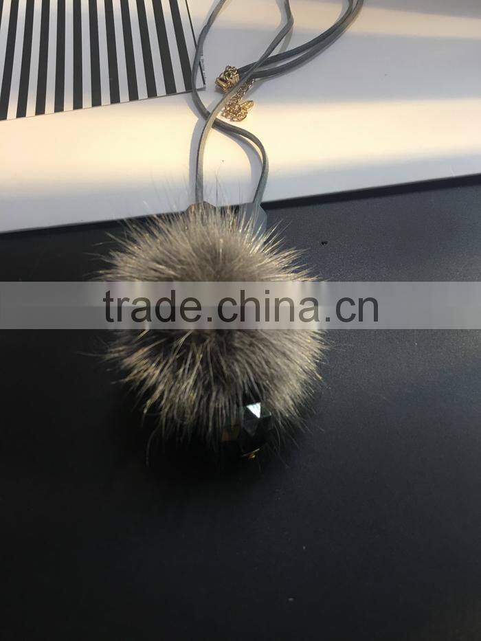 winter mink fur ball pendant necklace geometric bead suede leather necklace velvet leather necklace