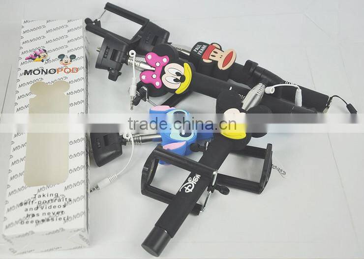 With cute cartoon design handheld extendable Cable Take Pole selfie stick/ cartoon monopod/ wire selfie stick