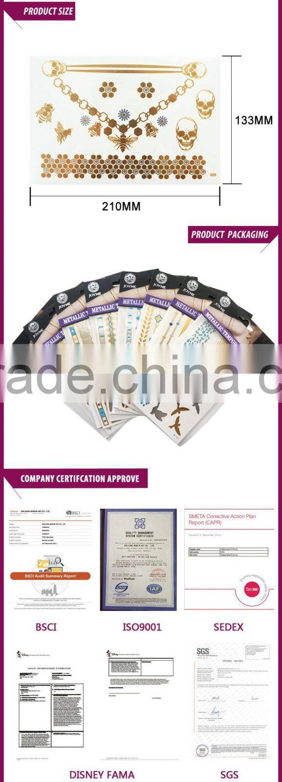 Custom waterproof transfer body decoration gold tattoo sticker/temporary tattoo