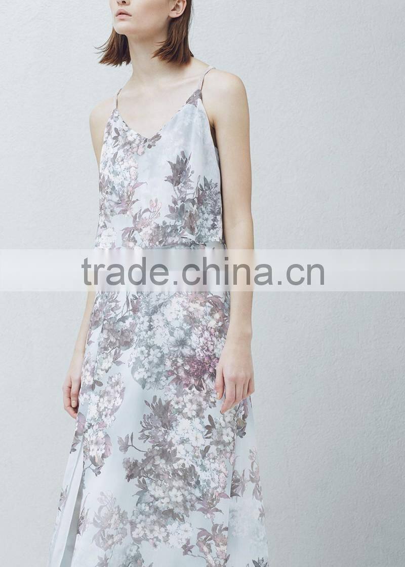 new style layered v neck strap chiffon long dress with high slits