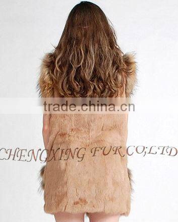 CX-G-B-203 Long Genuine Ladies Rabbit Fur Vest With Racoon Fur Trim ~ Casual Wear