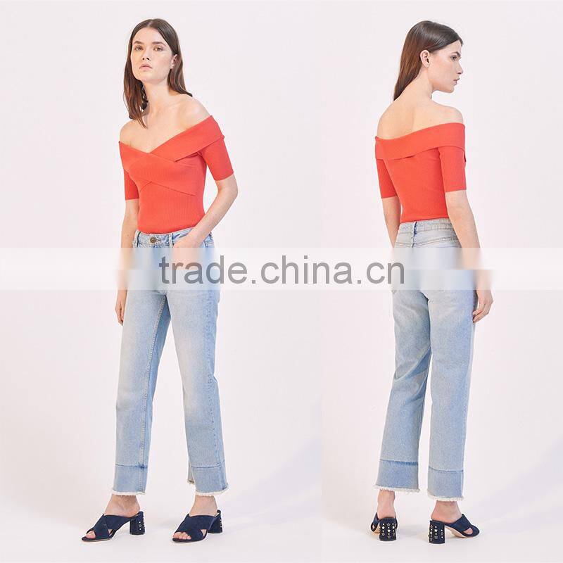 Elasticated knit crossover shape V-neck short sleeves strapless tank