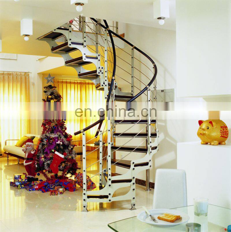 Low cost floating wooden step with light curved staircase