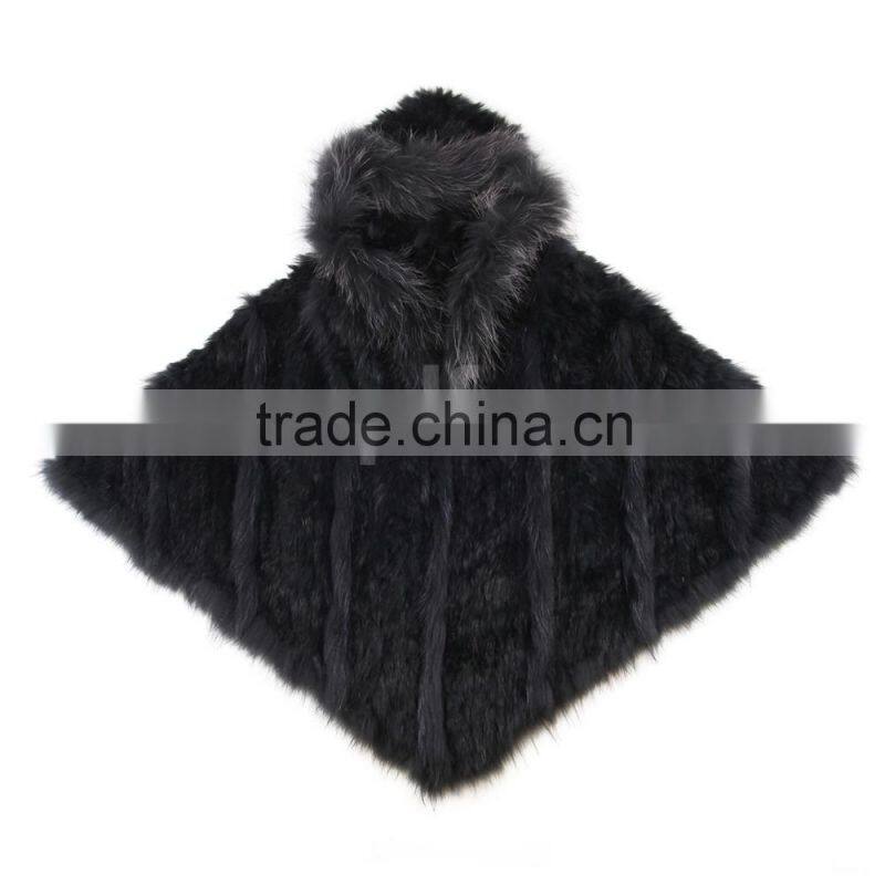 QD0807 Woman Knitted Rabbit Fur Poncho with Raccoon Fur Trim and Bigger Hood