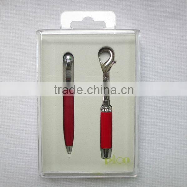 Metal mini ball pen with crystal and mini torch with keychain packed in a gift box