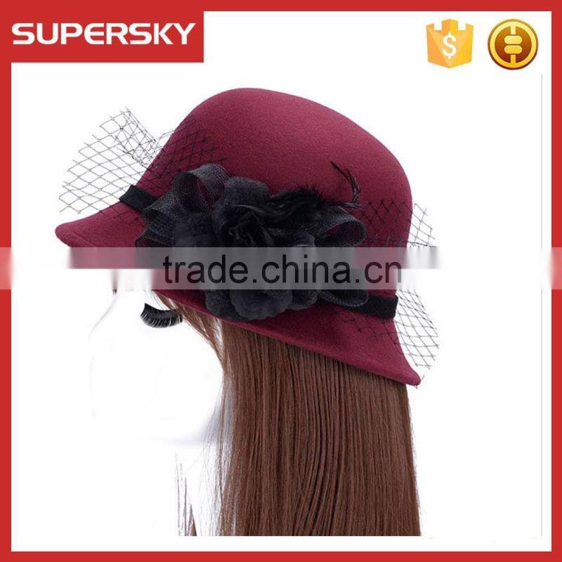 K-108 ladies formal hats with flower charm band wool felt bucket high quality women lace trim homburg