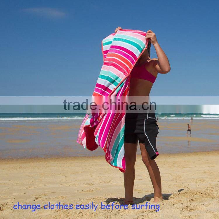 Custom design high standard color stripes woven woman surf hoodie towel poncho