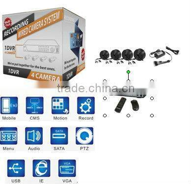 lowest price 4 pcs analog indoor dome cameras and 1 pc h.264 4ch dvr cctv dvr kit 4ch