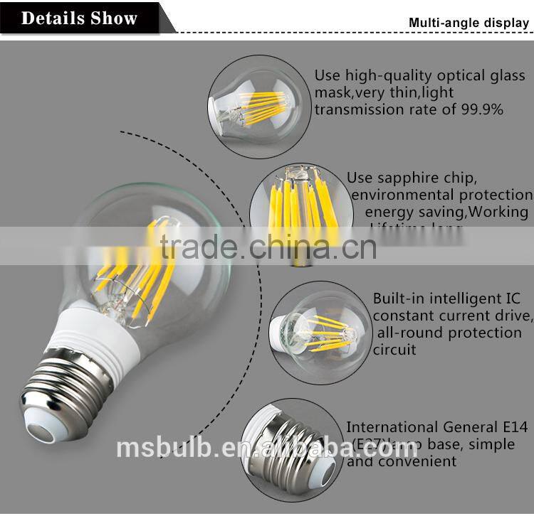 alibaba china A60 led bulb 5w , energy saving A60 filament led bulb with glass body