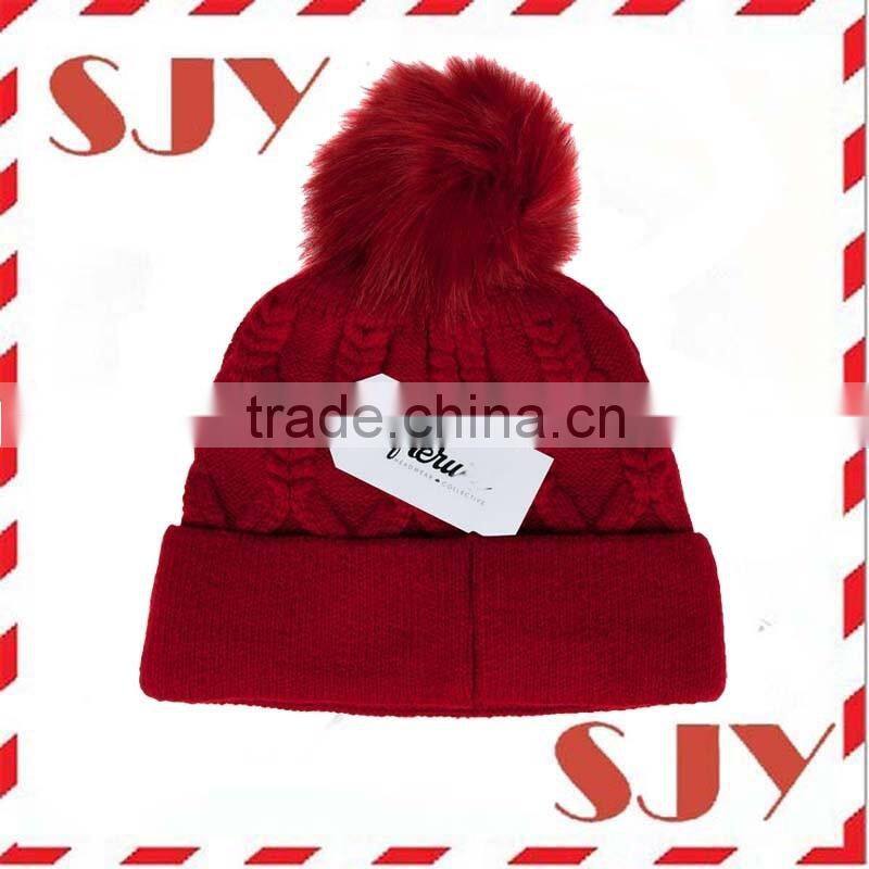 Women's Faux Fur Pom Pom Fleece Lined Knitted Slouchy Beanie Hat