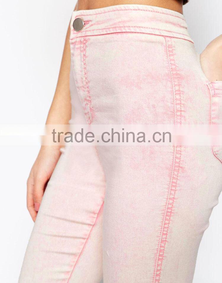 China supplier apparel wholesale new fashion high end high waist women pink skinny jeans