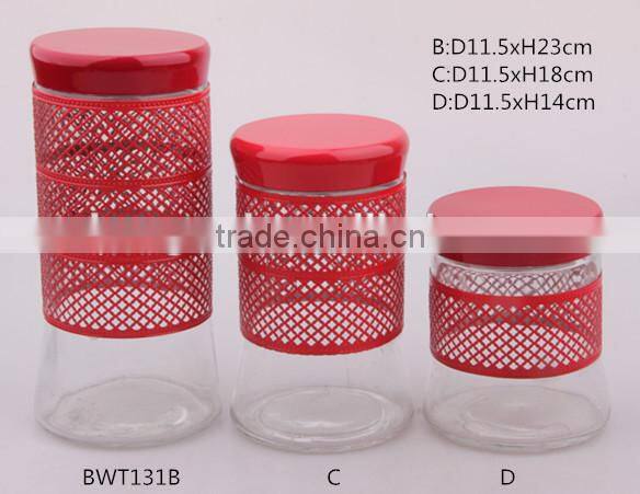 glass storage jar with big bottom and metal coating