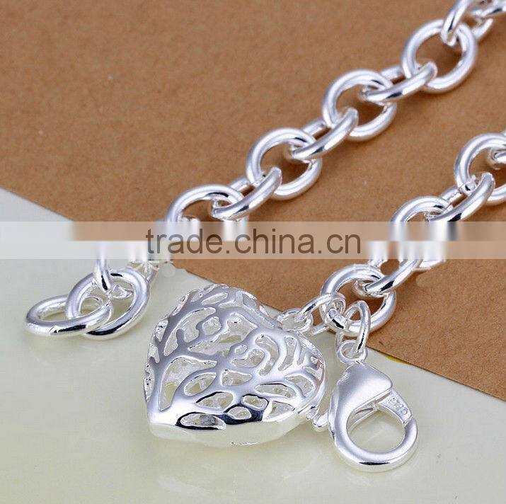 2014 Women's 925 Sterling Silver Heart Bracelet Pendant Oval Adjustable Chain