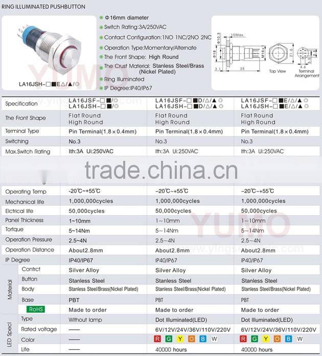 Hot sale LA16JSF ROHS 16mm flat round with ring LED IP65 pin terminal 3A/250VAC push button switch push button music boxes