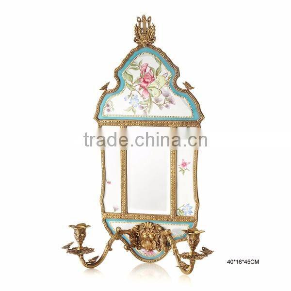 Floral Painting Multilayer Porcelain Fruit Bowl With Bronze Angel Support, Blue & White Porcelain With Brass Compote