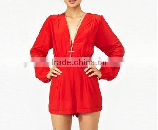 Sexy Ladies Women Jumpsuit Career Long Sleeve Chiffon Rompers Casual Short Pant Deep V-Neck Jumpsuit